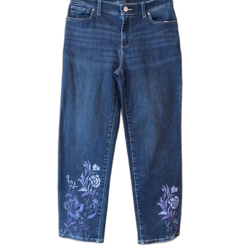 Chico's Girlfriend Straight Leg Ankle Jeans Purple Floral Embroidery Size 2